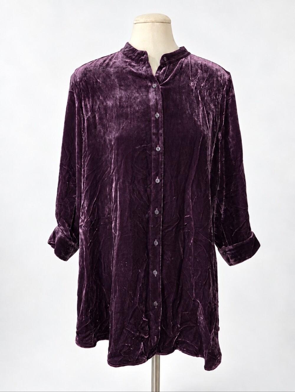 Eileen Fisher Petite Large Purple Silk Blend Velvet Button Front Tunic Luxe